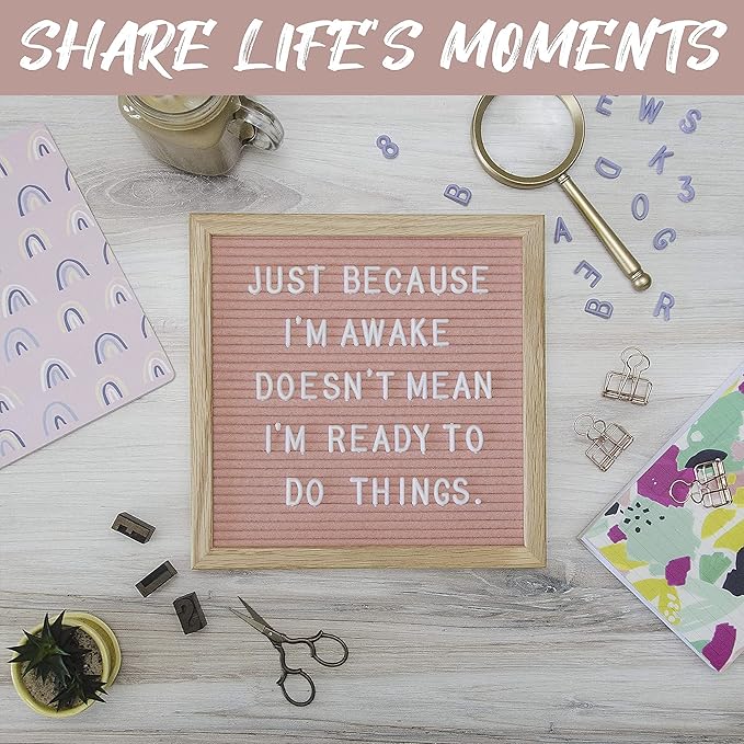 Felt Like Sharing Square Letter Board (Light Pink Felt - 10”x10”) – Changeable Message Board with 3 Sets of Felt Board Letters – Statement Wall Sign for Quotes, Home or Holiday Decor In Oak Frame