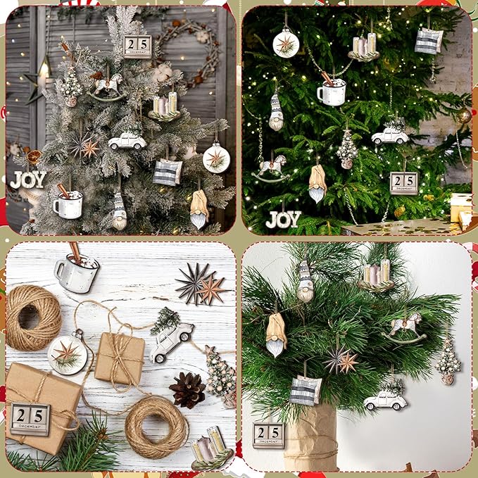 Huwena 36 Pcs Christmas Wooden Ornaments Farmhouse Rustic Christmas Decorations Snowman Balls Xmas Tree Truck Hot Cocoa Wood Cutouts Tags with Ropes Neutral Winter Decor for Xmas Tree Gifts