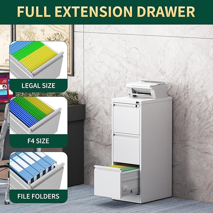 3 Drawer File Cabinet with Lock, Steel Vertical Filing Storage Cabinet for Home Office, Heavy-Duty File Cabinets for Letters/Legal/A4 (Require Assembly, White)