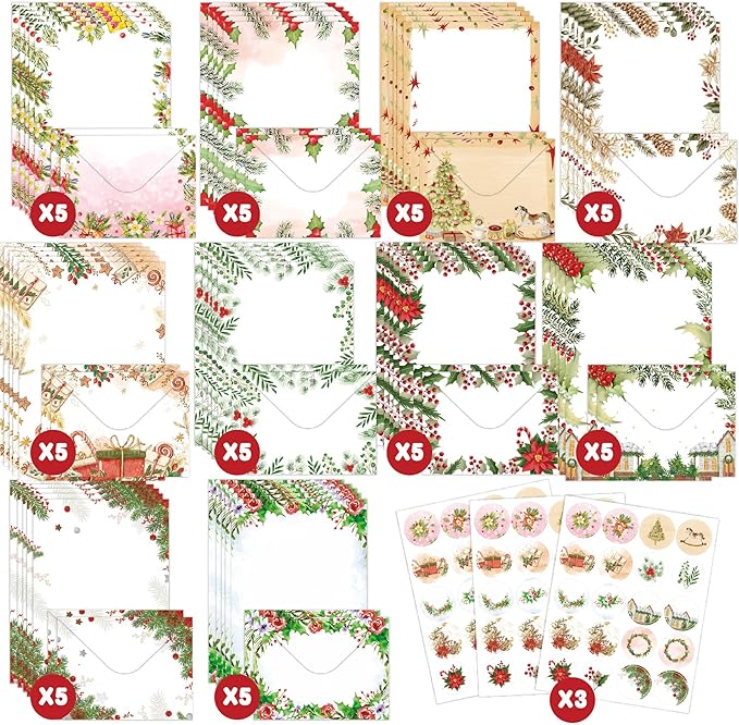 160pcs Christmas Stationery Paper and Envelope Set, 50 Sheets Christmas Holiday Letterhead Paper 50 Matching Envelopes 60 Stickers， Falling Holly Xmas Writing Paper for Winter & Holiday Events