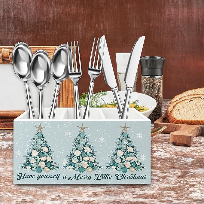 Coastal Beach Christmas Pen Pencil Holder Organizer for Desk, Christmas Seashell Starfish Tree Holiday Wooden Box Signs Decorations for Home Office Desk Tabletop, Beach House Decor