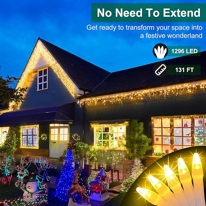 1296 LED Outdoor Christmas Lights with 288 Drops, 131FT ChristmasLights with 8 Modes Timer, Christmas Twinkly Lights IP44 Waterproof for Eaves Yard Room Holiday Wedding Party Decor Warm White