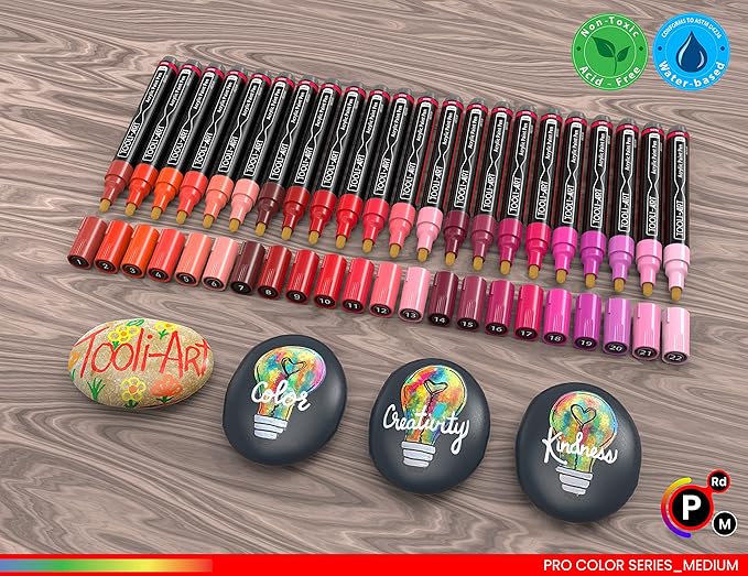 TOOLI-ART 22 Acrylic Paint Markers Paint Pens Pro Color Series Set 3mm Medium Tip for Rock Painting, Glass, Mugs, Wood, Metal, Glass Paint, Canvas, DIY. Non Toxic, Waterbased, Quick Drying (REDS)