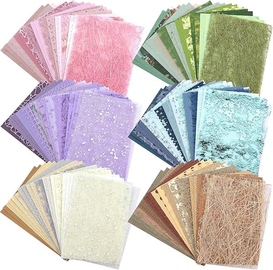 144 Sheets Textured Scrapbook Paper and Mesh Fabric Set - 6 Pack Assorted Mixed Special Paper for Scrapbooking Planner Bullet Junk Journal Supplies Media Collage Card Embellishments 3.9x5.5 Inch