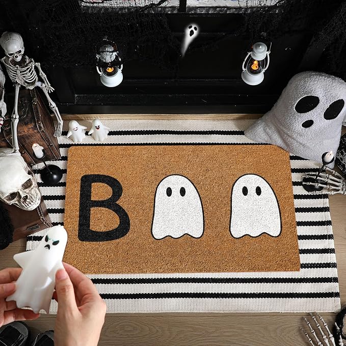 2 Pcs Halloween Welcome Door Mat Ghost Outdoor Welcome Mats for Front Door Non Slip Cute Ghost Coir Floor Mat Black White Stripe Halloween Rug for Outside Front Porch Entryway Decor