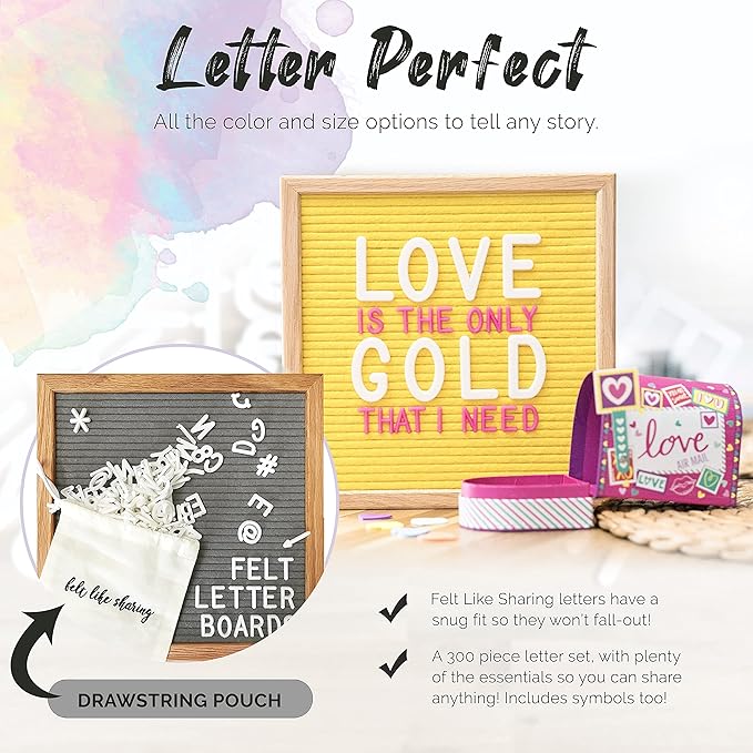 Felt Like Sharing Square Letter Board (Black and White Felt - 10”x10”) – Changeable Message Board w/3 Sets of Felt Board Letters – Statement Wall Sign for Quotes, Home or Holiday Decor In Oak Frame