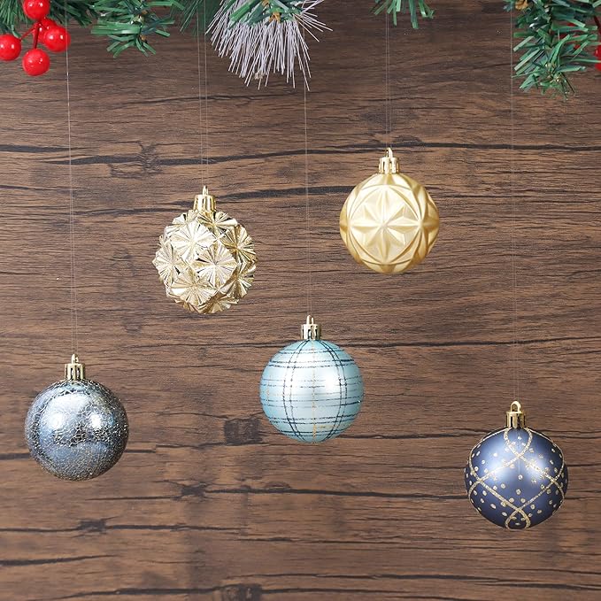 100ct Blue and Gold Christmas Ornaments Set, Shatterproof Xmas Tree Ornaments Decorations Collection, Hanging Plastic Christmas Balls for Holiday Party Wedding (Blue&Gold)