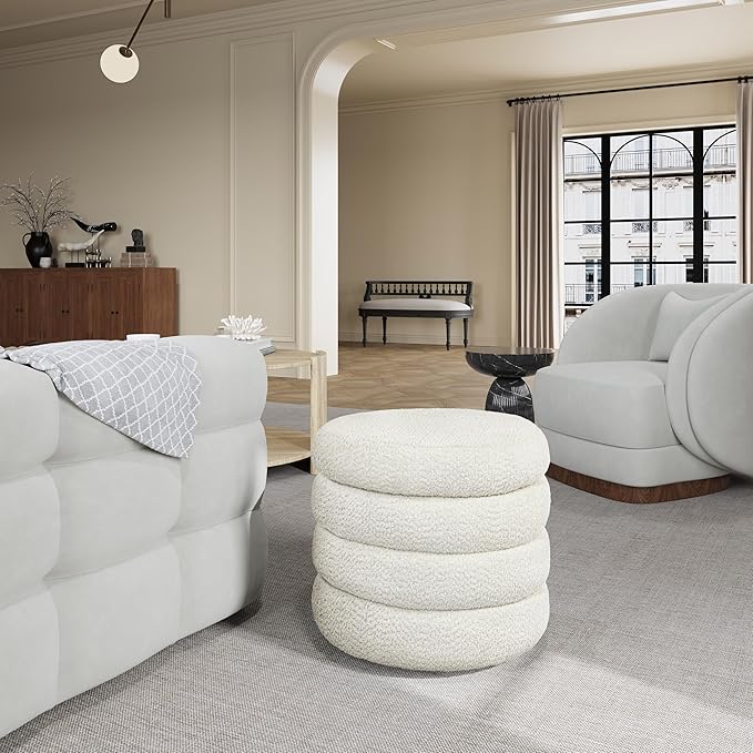 Storage Ottoman, Round Ottoman with Storage, Vanity Stool Foot Rest with Removable Lid, Round Boucle Upholstered for Living Room Pouf Footstool