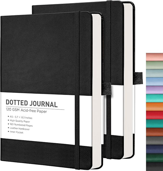 RETTACY Bullet Dotted Journal Notebook, 2-Pack, 160 Numbered Pages per Pack, A5 Medium Size (5.7'' x 8.3''), 120 GSM Thick Paper, Leather Hardcover, for Bullet Journaling (Black & Black)