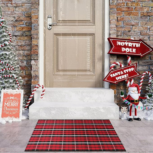 KIMODE Christmas Door Mat Outdoor 24"X35",Red/Black Buffalo Plaid Rug,Washable Cotton Hand-Woven Layered Door Mats,Reversible Outdoor Christmas Decor for Front Porch,Entryway,Kitchen