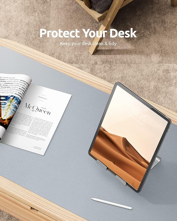 YSAGi Leather Desk Protector, Office Mat, Large Mouse Mat, Non-Slip PU Leather Blotter, Laptop Desk, Waterproof Writing Pad for Office and Home (Light Grey, 31.5" x 15.8")