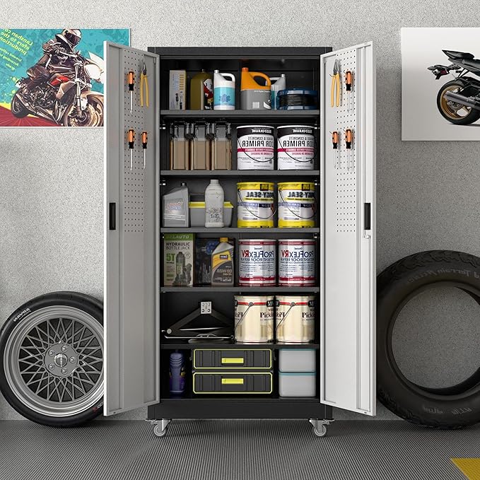 Aobabo Upgraded Garage Storage Cabinets with Wheels,Metal Storage Cabinets with 5 Adjustable Shelves for Garage Home Office Storage, Black&Silver,71''H*32''W*16''D,Assembly Required