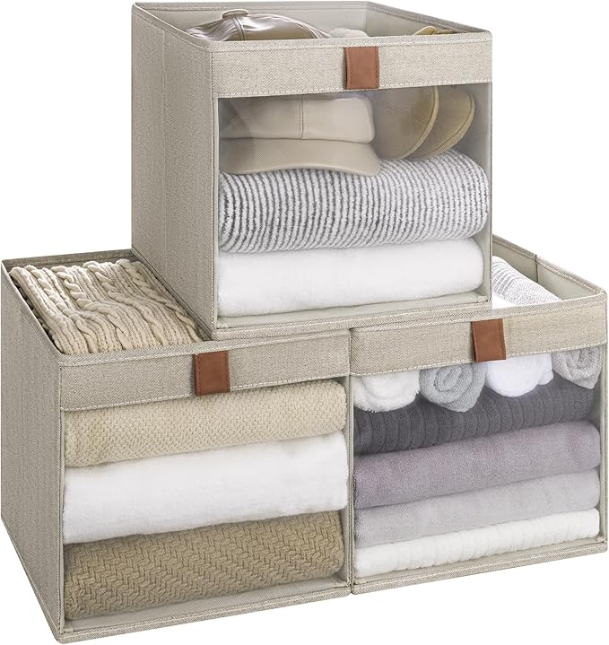 StorageWorks 11x11 Storage Cubes, Closet Storage Bins with Clear Window, Fabric Organizer for Clothes, Collapsible Storage Baskets with PU Handles, Brown and Beige, 3-Pack