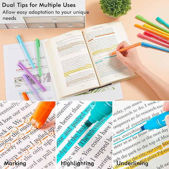 12 Colored Curve Highlighter Pen Set, 10 Different Shapes Dual Tip Marker Highlighters for Journaling Drawing Note Taking,Curve Highlighter pens for Planner Scrapbook School Supplies