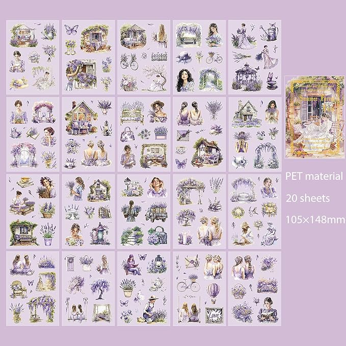 Snycler Purple Garden Series Sticker Book - 20 Sheets Vintage PET Stickers for Scrapbooking, Junk Journaling, Ephemera, and Decorative Crafts - Pre-Cut Coffee Theme Stickers
