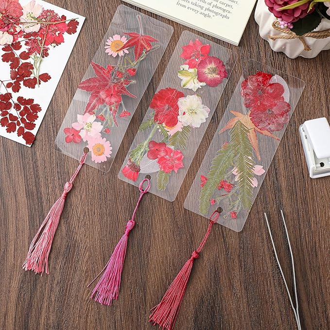 150 Pcs DIY Pressed Dried Flower Bookmark Making Kit, DIY Bookmark Bulk Thanksgiving Teacher Gifts for Reading Women Book Lovers(2 x 6 Inch,Red Color)
