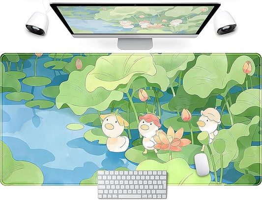 Green Cute Anime Desk Mat Kawaii Cartoon Ducks Gaming Mouse Pad XXL Large Anime Girl Gamer Mousepad Women Office Decor Desk Pad Aesthetic Lotus Leaf Laptop Keyboard Pad Computer Mat 31.5x15.75 in