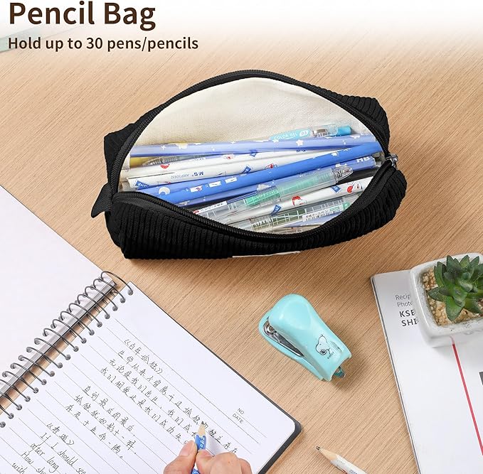 Pencil Bag Pen Case, Soft Corduroy Small Pencil Pouch Organizer with Zipper, Cute Pencil Case Pouch Stationery for Girls and Boys – Black