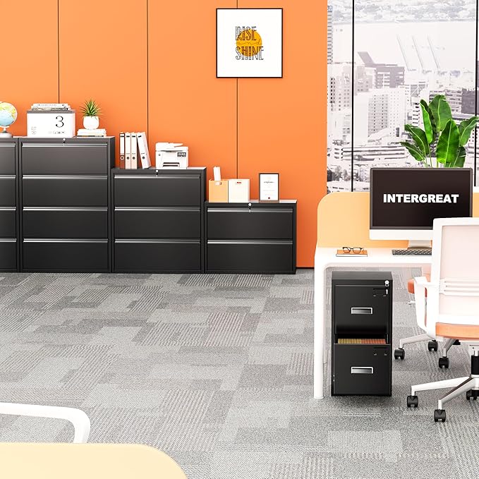 INTERGREAT 4 Drawer File Cabinet, Black Lateral File Cabinets with Lock, Metal Steel Wide Filing Cabinets for Home Office, Fast Assembly