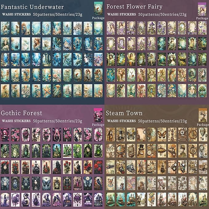 Aromoty 4 Sets 200 Pcs Washi Stickers Book Kit for Journaling, Vintage Aesthetic Gothic Magic Scrapbook Stickers for Scrapbooking Bullet Junk Journal Supplies Planner Stationery Collage Craft Gifts