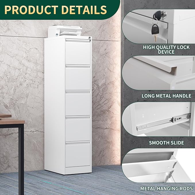 5 Drawer File Cabinet with Lock, Steel Vertical Filing Storage Cabinet for Home Office, Heavy-Duty File Cabinets for Letters/Legal/A4 (Require Assembly, White)