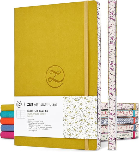 Lay Flat Large B5 Dotted Journal - Enjoy Bullet Journaling with a Soft Cover 7x10-inch, Non-Bleed Thick 120gsm Paper, Dot Journal in Yellow, Japanese Edge Motif - Faux Leather Dot Notebook