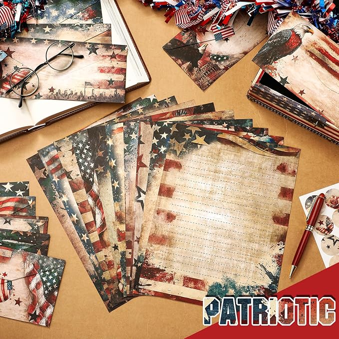 TaoBary 160 Pcs Stationery Paper Set 50 Double Sided Stationery Papers with 50 Matching Envelopes and 60 Round Dot Sticker, 10 Design(Patriotic,8.5 x 11 Inch)