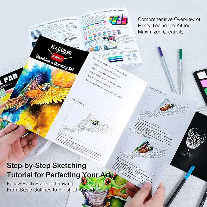 KALOUR 154PCS Artists Art Supplies - Drawing Kit with 6 Sketchbook,Tutorial,Coloring Paper - Graphite,Colored, Charcoal, Watercolor & Metallic Pencils - for Artists and Beginners