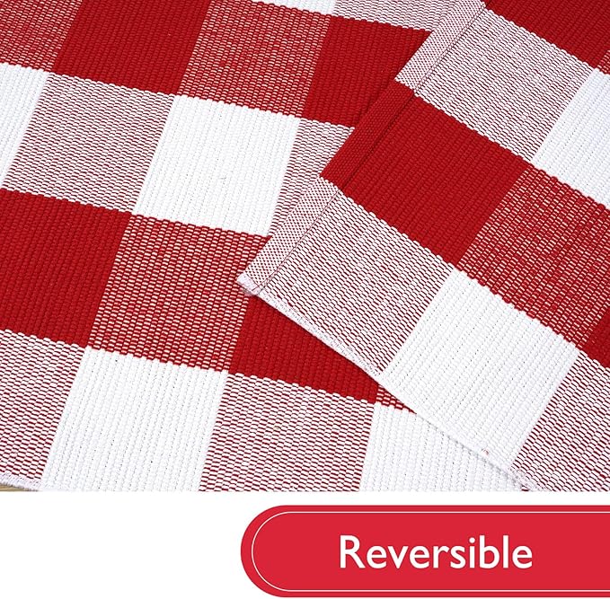 KIMODE Christmas Buffalo Plaid Outdoor Rug 24"x51", Red and White Porch Rug, Washable Reversible Outdoor Christmas Decor, Farmhouse Door Mats Outside for Front Porch Entryway Kitchen Bedroom