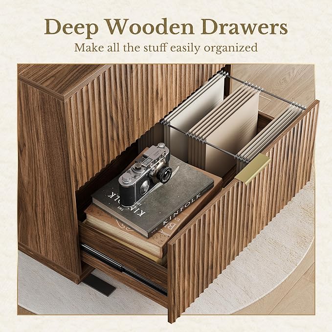 2 Drawer Fluted File Cabinet, 32'' Lateral File Cabinet for Legal/Letter/A4/F4 Size Hanging Files, Wood File Storage for Home Office, Black Walnut