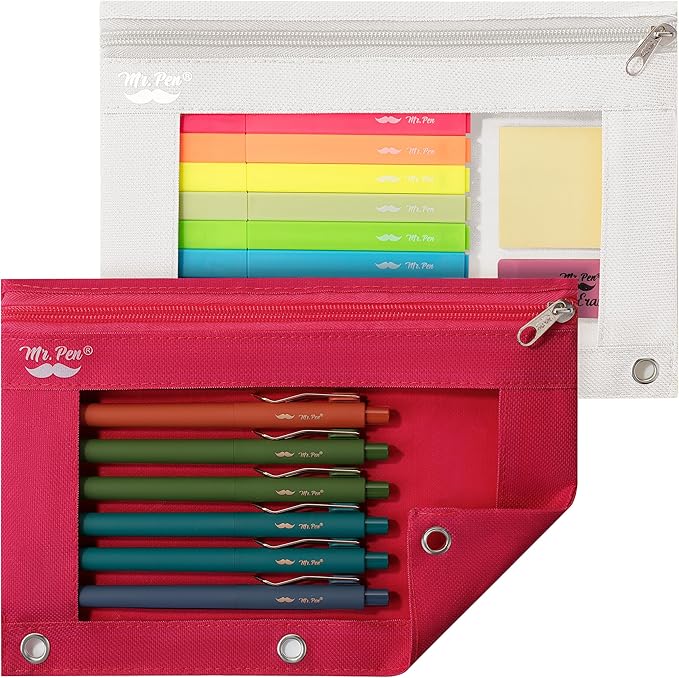 Mr. Pen- Pencil Pouch for 3 Ring Binder, 2 Pack, Red and Ivory, 3 Ring Binder Pencil Pouch