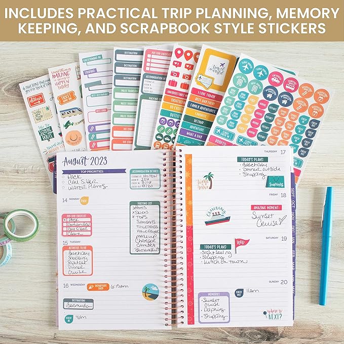 bloom daily planners Travel Planner Stickers - 8 Sheets / 450 Stickers - Adventure Variety Pack for Trip Planning, Scrapbooking, Calendar Decorating, Vacation Journaling - Colorful Icons & Quotes