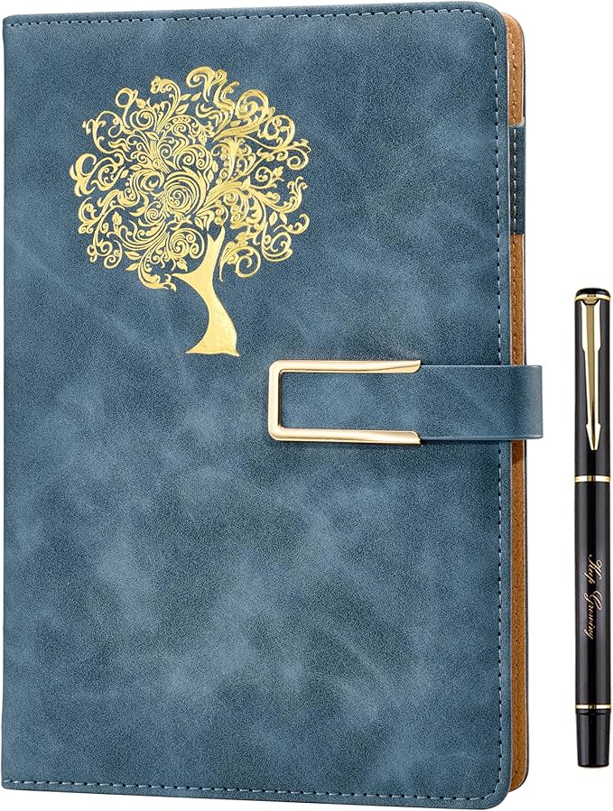 Fanery Sue Tree of Life Journal for Women&Men Refillable Writing A5 Journals for Writing with 200 Pages 100Gsm Paper Lay-Flat Faux Leather Hardcover Notebook with Pen&Magnetic Buckle(Elegant Blue)