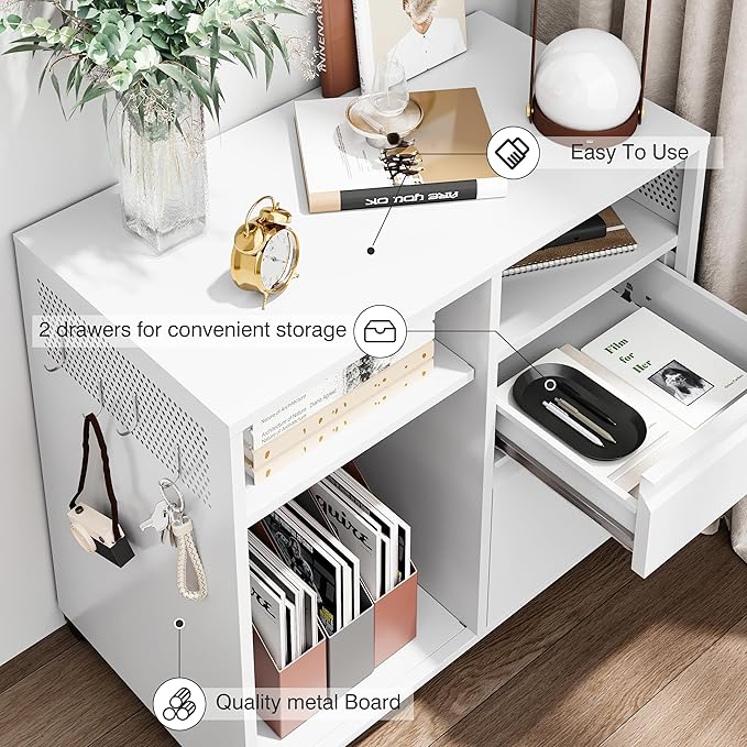 SISESOL 2 Right Drawers File Cabinet with Lock, Mobile Lateral Filing Cabinet for Legal/Letter A4 Size, Metal File Organizer Storage Cabinet with Open Storage Shelves for Home Office (White)