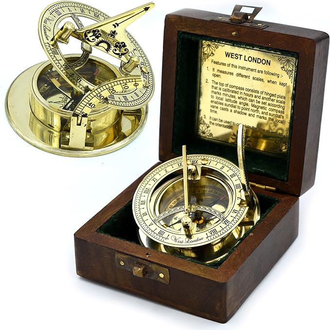 SARA NAUTICAL Antique Brass Sundial Compass, Sundial Clock in Box Gift Sun Clock Ship Replica Watch,Ship Decorations