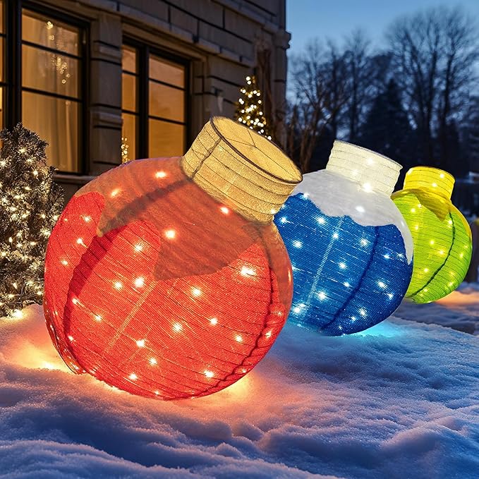 Dazzle Bright Christmas Ball Decorations, 3 Pcs Pre-Lit 270 LED Pop-Up Christmas Ball Set with Base, 8 Modes Lighted Collapsible Balls for Indoor Outdoor Garden Yard Party Xmas Decor