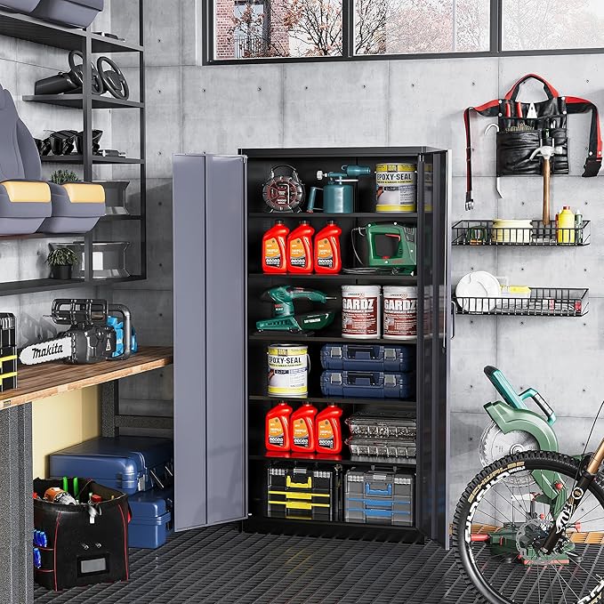 STANI Metal Garage Storage Cabinet with Lock, 71" Steel Lockable File Cabinet, Locking Steel Storage Cabinet with 4 Adjustable Shelves for Home, Office, Warehouse, Garage, School