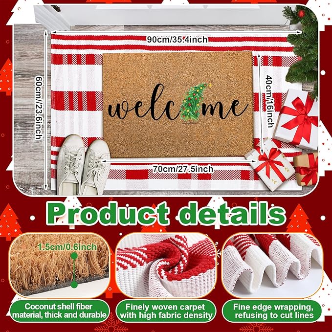 2 Pcs Christmas Door mat Outdoor Coir Outdoor Rugs Christmas Tree Welcome doormats Layered Red White Xmas Tree doormats for Front Porch Entryway Entrance Yard Decor