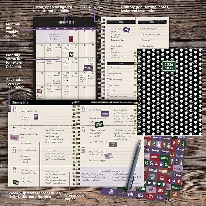 TF Publishing 2026 Skulls & Spells Medium Weekly Monthly Planner with 12-Month Calendar Grid, Goals and Task Trackers - Weekly Schedule Planner with Notes Section and Stickers - 6.5in x 8in