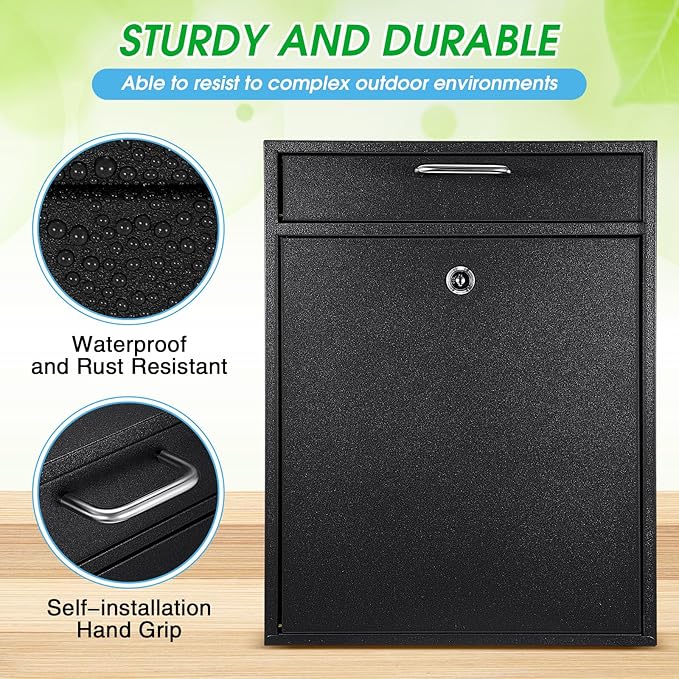 Locking Mailbox with Key for Outdoor 18 x 15 x 7 Inches Large Wall Mount Mail Box with Lock Security Mail Drop Metal Collection Boxes Hanging Secure Postbox(Black)