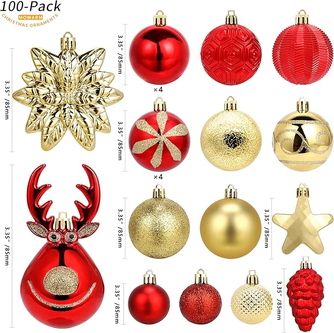 100-Pack Various Shatterproof Christmas Balls, Christmas Decorative Ball Ornaments for Xmas Tree- Red & Gold