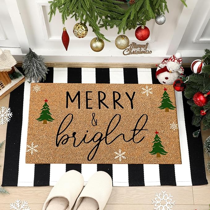 2 Pcs Christmas Door Mat Outdoor Merry Christmas Nature Coir Welcome Outdoor Rug Black White Stripe Xmas Front Porch Rugs Non Slip Floor Mats Indoor Entrance Decor