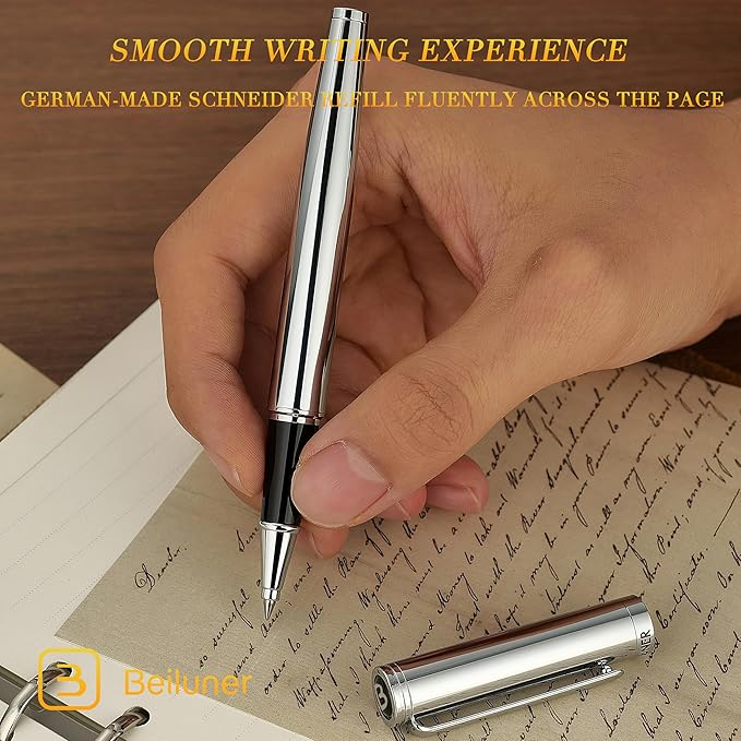 BEILUNER Luxury Silver Grey Rollerball Pen with Chrome Trim, Schmidt Ink Refill, Gift Case, Best for Men's Executive Office, Unisex