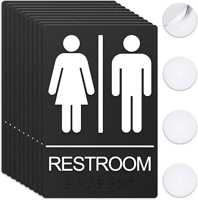 ASSURED SIGNS Unisex Bathroom Signs, Restroom Sign For Business - For Men and Women - 10 Pack - 9" by 6" - ADA Compliant with Braille - Strong Double-Sided Adhesives Included - Apply to Office, Home, Public Door/Wall