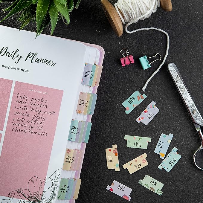 DiverseBee Laminated Planner Monthly Tabs, 24 Peel and Stick Tabs for Notebooks (12 Month Tabs and 12 Blank Tabs), Calendar Monthly Tab Stickers/Dividers (Assorted), Medium