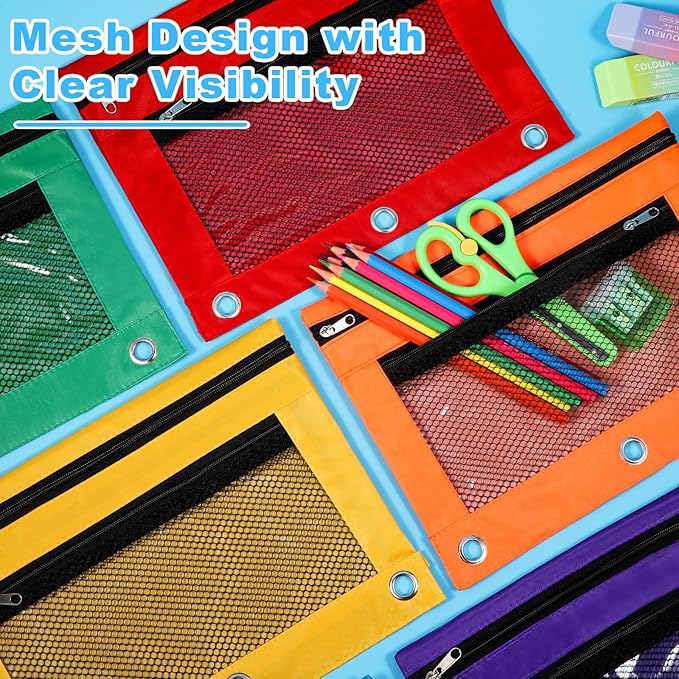 12PCS Pencil Pouches for 3 Ring Binder, 10"x7.5" Zippered Binder Pouch, Double Layer Clear PVC & Mesh Pencil Bags, 12 Colors (2 Each) for School, Office, Travel & Home Organization