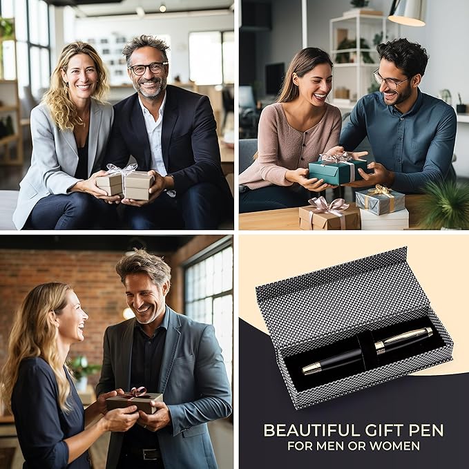 ZenZoi Luxury Pen For Men & Women W/Fine Tip Rollerball – Elegant Matte Black Executive Pen Gift Set W/Gold Trim, Quality Black Matte