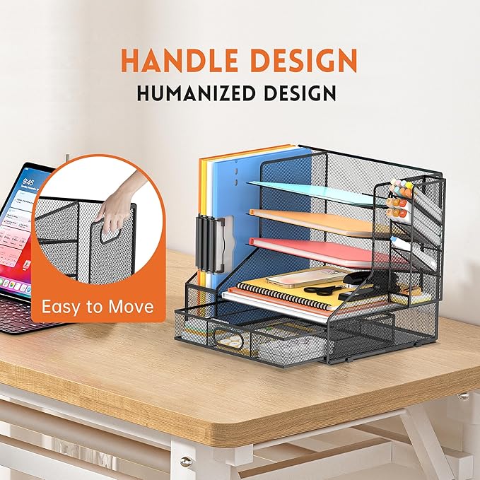 DALTACK Mesh Desk Organizer, 5-Tier Paper Letter Tray with File Holder & Pen Holder & Sliding Drawer, Desktop Organizer and Storage for Desk Accessories Office Supplies, Black