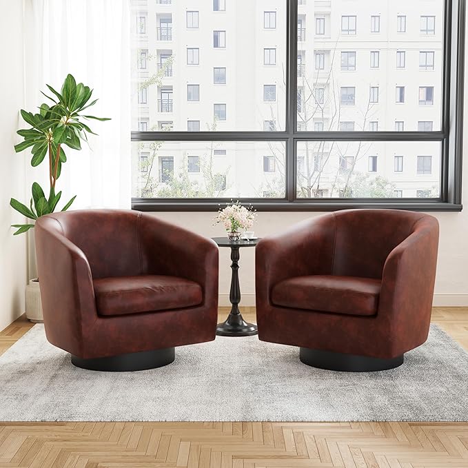 UIXE Faux Leather Swivel Accent Chairs Set of 2, Modern Upholstered Barrel Chairs for Living Room, Comfy Round Armchair Single Sofa Bedroom Reading Seat - 31" W, Red Brown