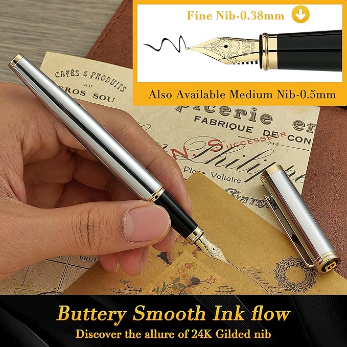 BEILUNER Silver Chrome Fountain Pen,Stunning Luxury Pens with 24K Gold Accents, Gorgeous 24K Gilded Nib(Fine), Ink Converter,Fancy Pen Gift for Men&Women-Elegant, Office, Reliable,Nice for Writing